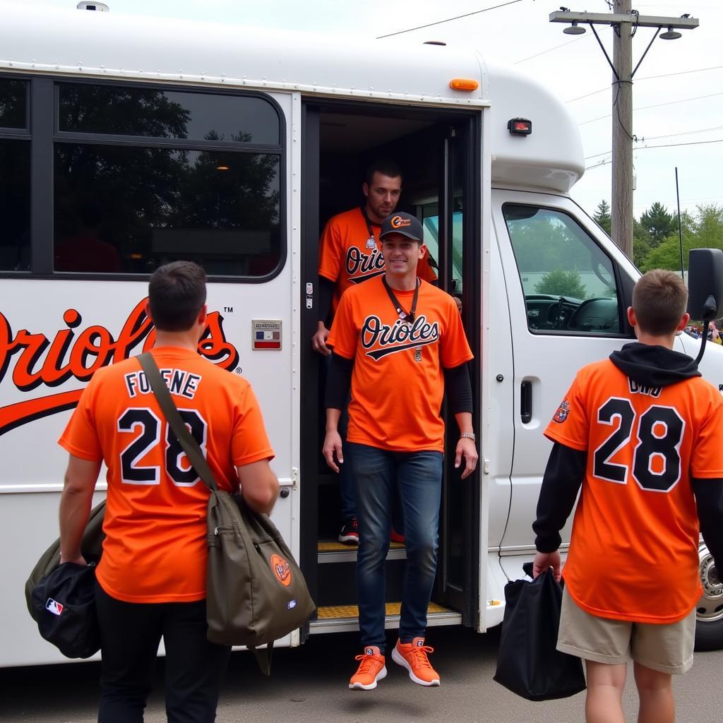 Orioles fans boarding a bus for an away game.