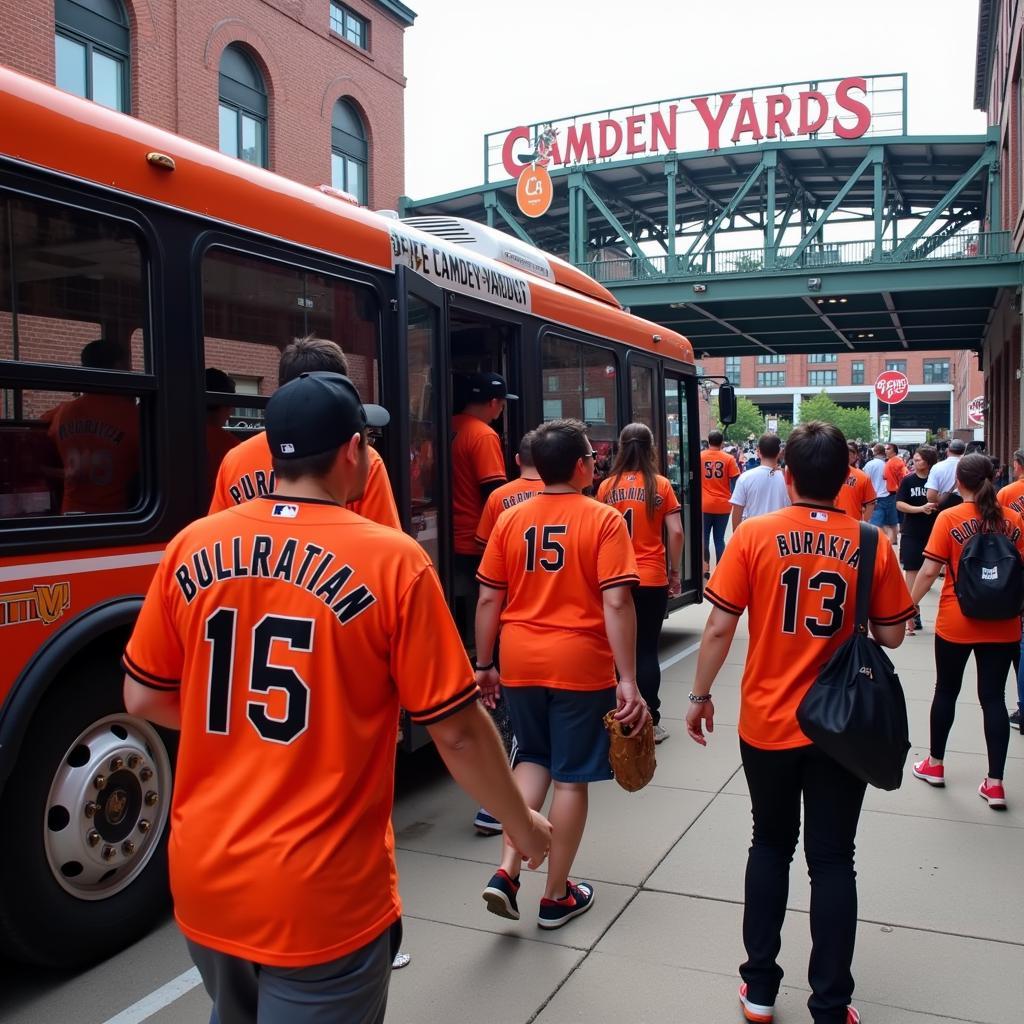 Orioles fans arriving at Camden Yards on a bus trip.