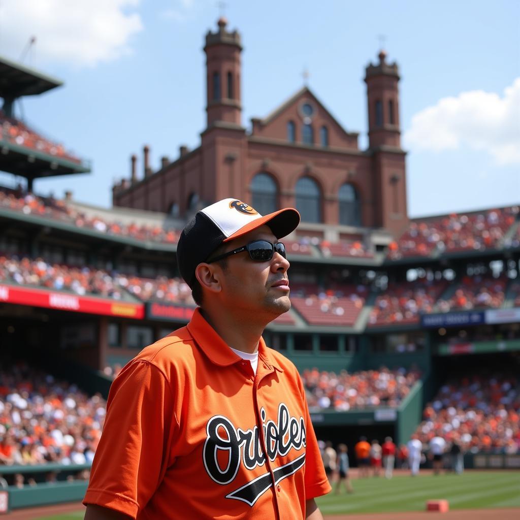 Orioles Ketchup Shirt at Camden Yards: A fan wearing an Orioles ketchup shirt enjoys a game at Camden Yards, with the iconic warehouse in the background.