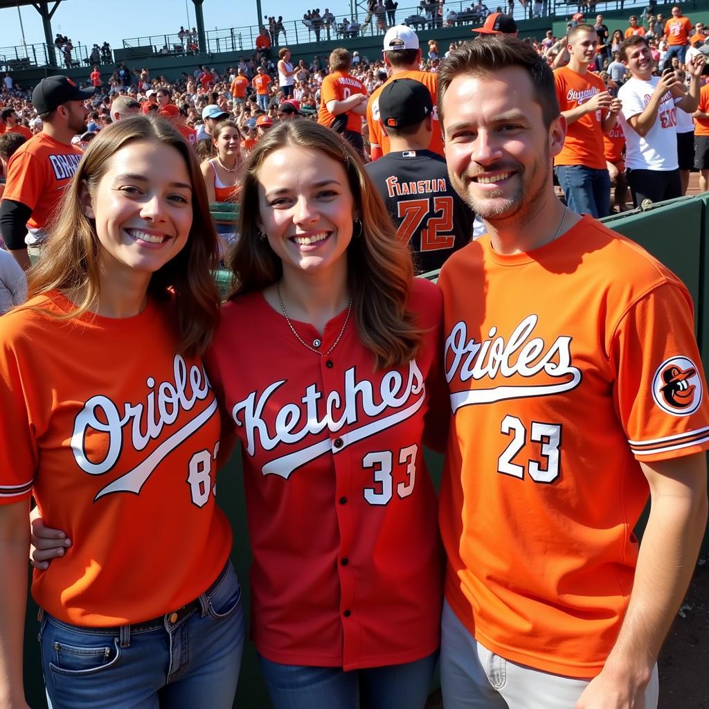 Orioles Fans Wearing Ketchup Shirts: A group of fans excitedly cheering at Camden Yards, all sporting Orioles ketchup shirts in various styles and colors.