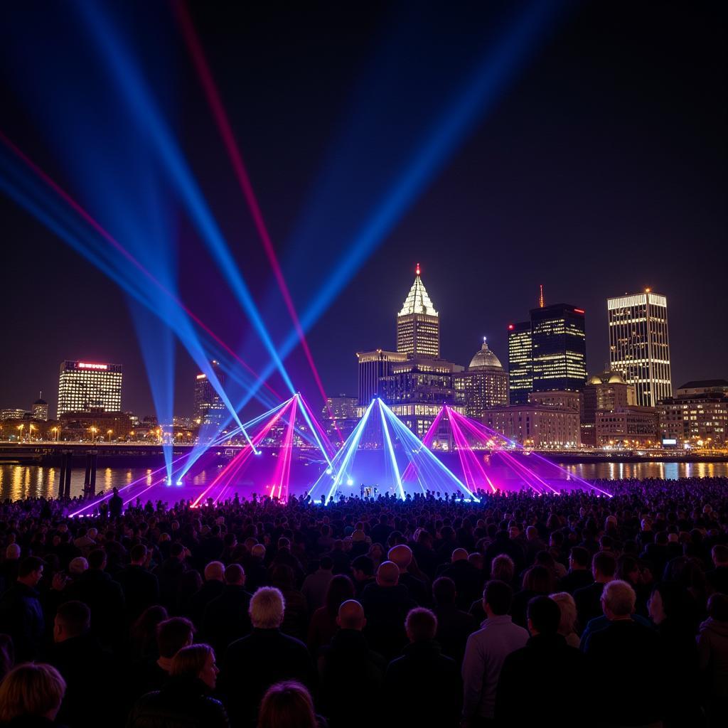 Spectators enjoying a mesmerizing outdoor laser light show against the backdrop of the Cincinnati riverfront skyline at night.