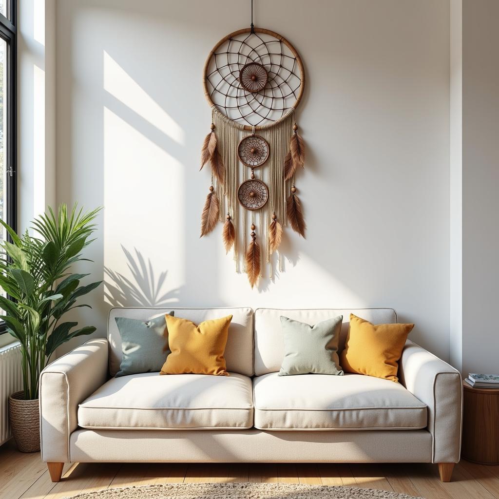 Oversized dream catcher hanging on a living room wall as a statement piece.