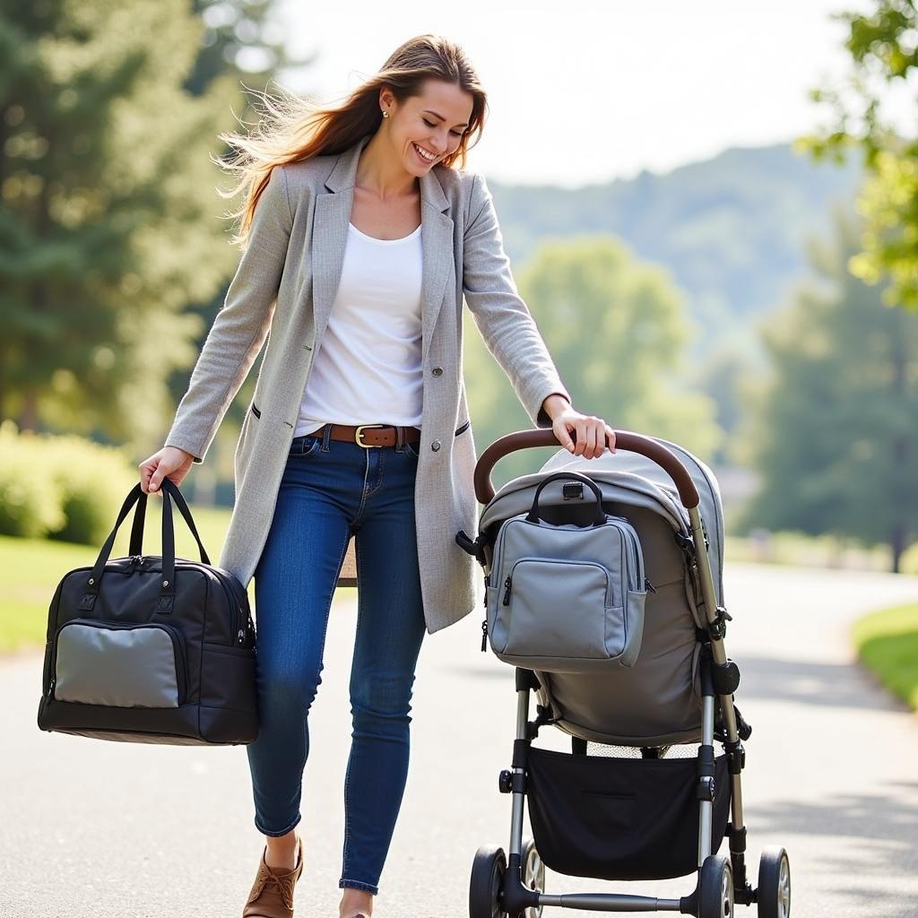 Parent strolling with diaper bag clipped to stroller