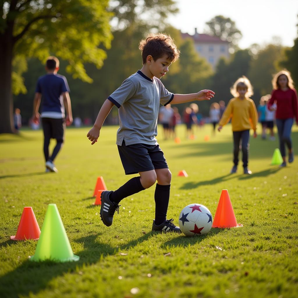 Young footballer practicing in a park in 2007