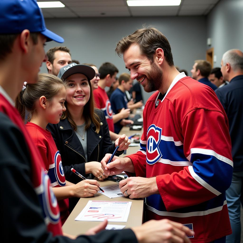 Patrick Roy signing autographs for Montreal Canadiens fans.