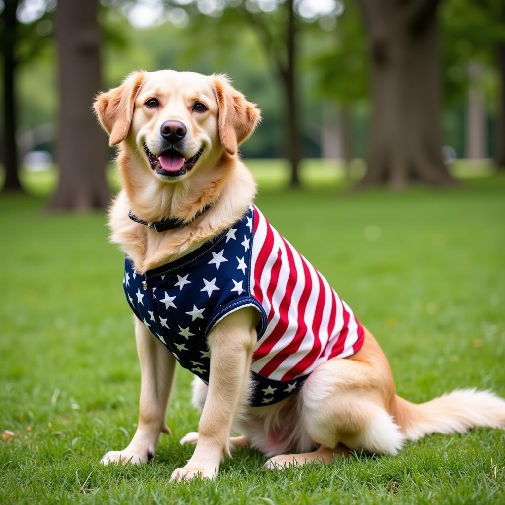 Dog wearing an American flag patriotic dog shirt