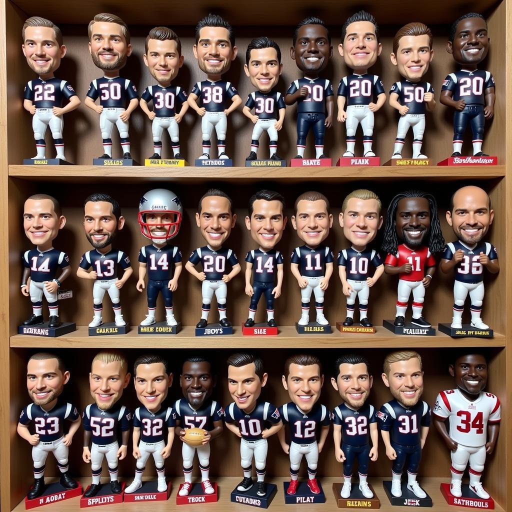 A diverse collection of New England Patriots bobbleheads.