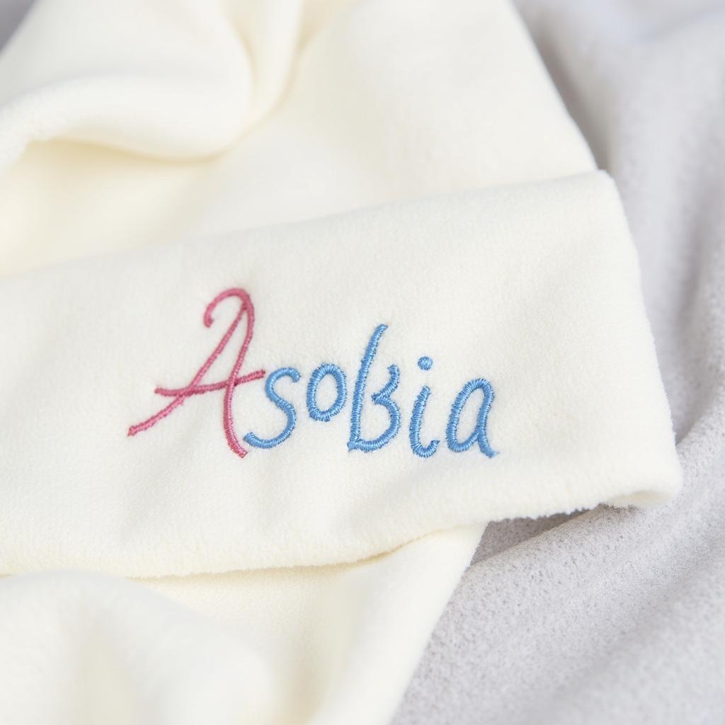 Close-up of a personalized baby swaddle with a baby's name embroidered on it