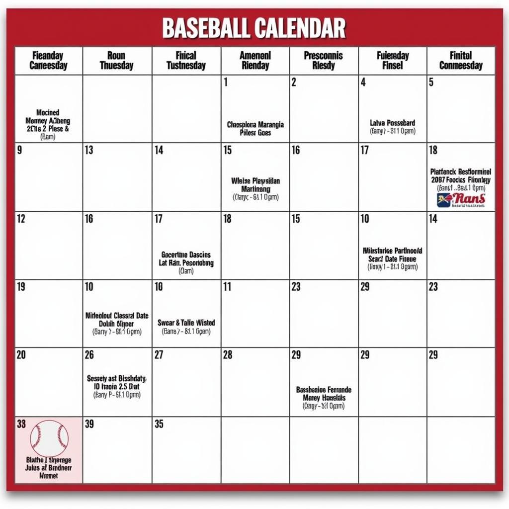 Personalized Baseball Calendar with Marked Dates and Events