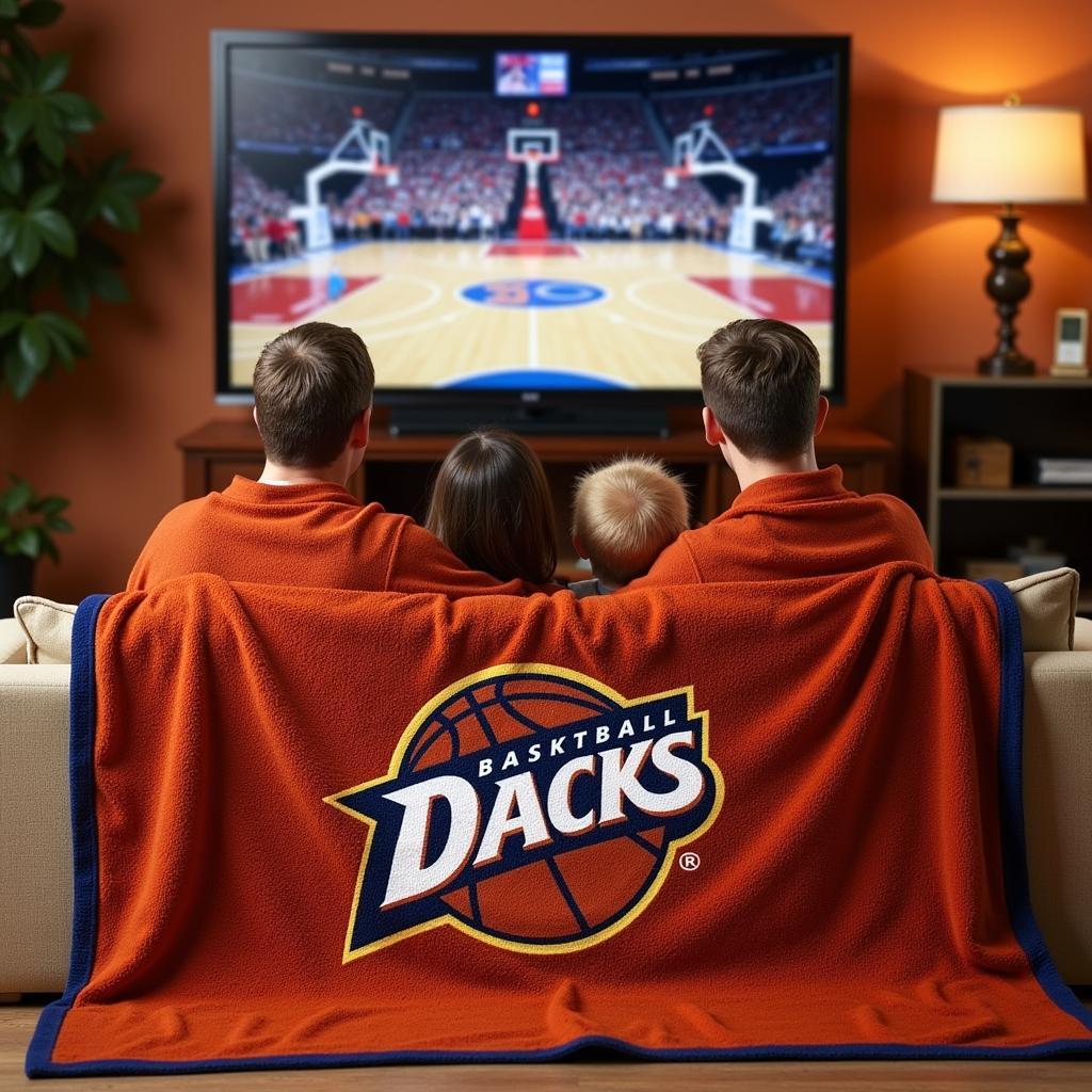 Family enjoying a basketball game with a personalized blanket