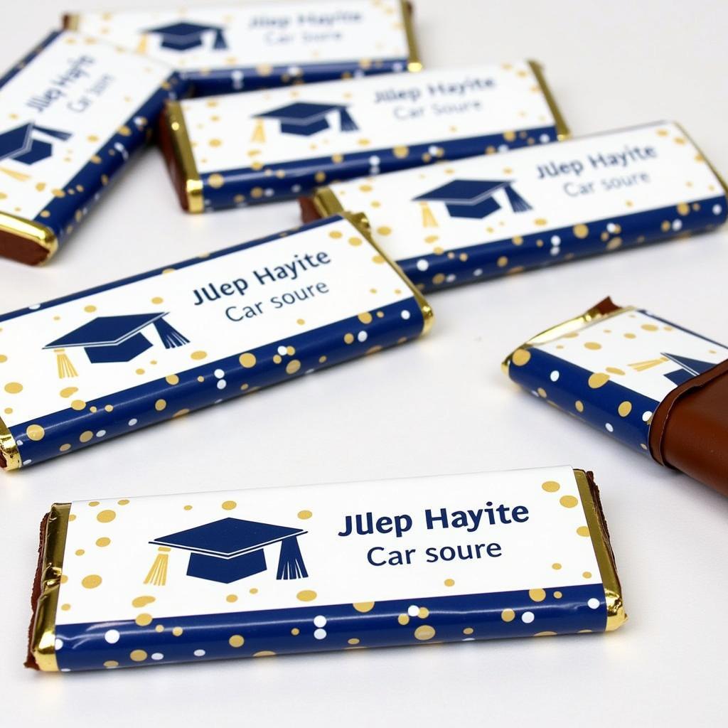 Personalized candy bar wrappers with graduation cap, name, and year.