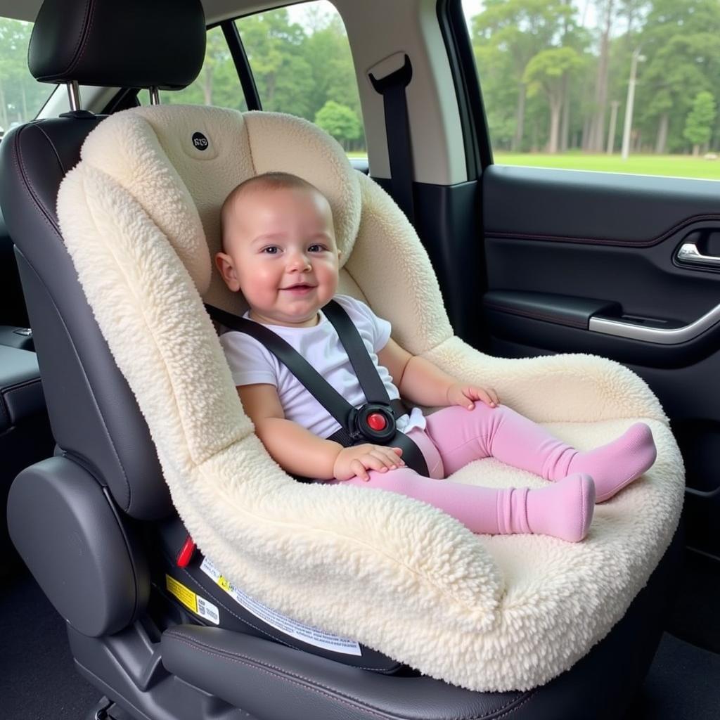 Baby comfortably nestled in a personalized car seat cover.