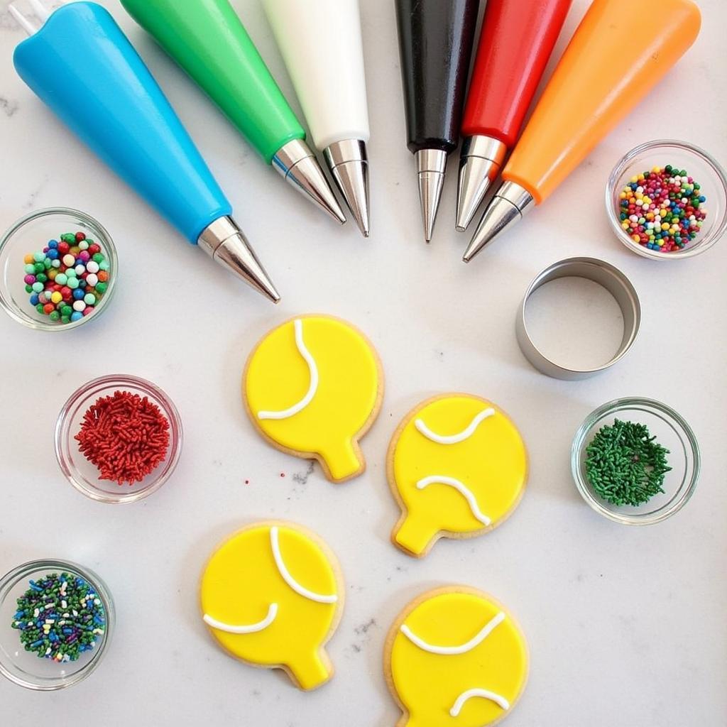 Pickleball cookie decorating supplies: icing, sprinkles, cookie cutters, and piping bags.