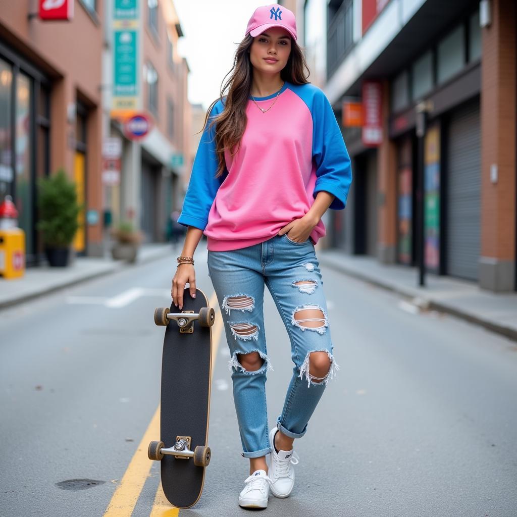 Pink and Blue Baseball Jersey Street Style Outfit