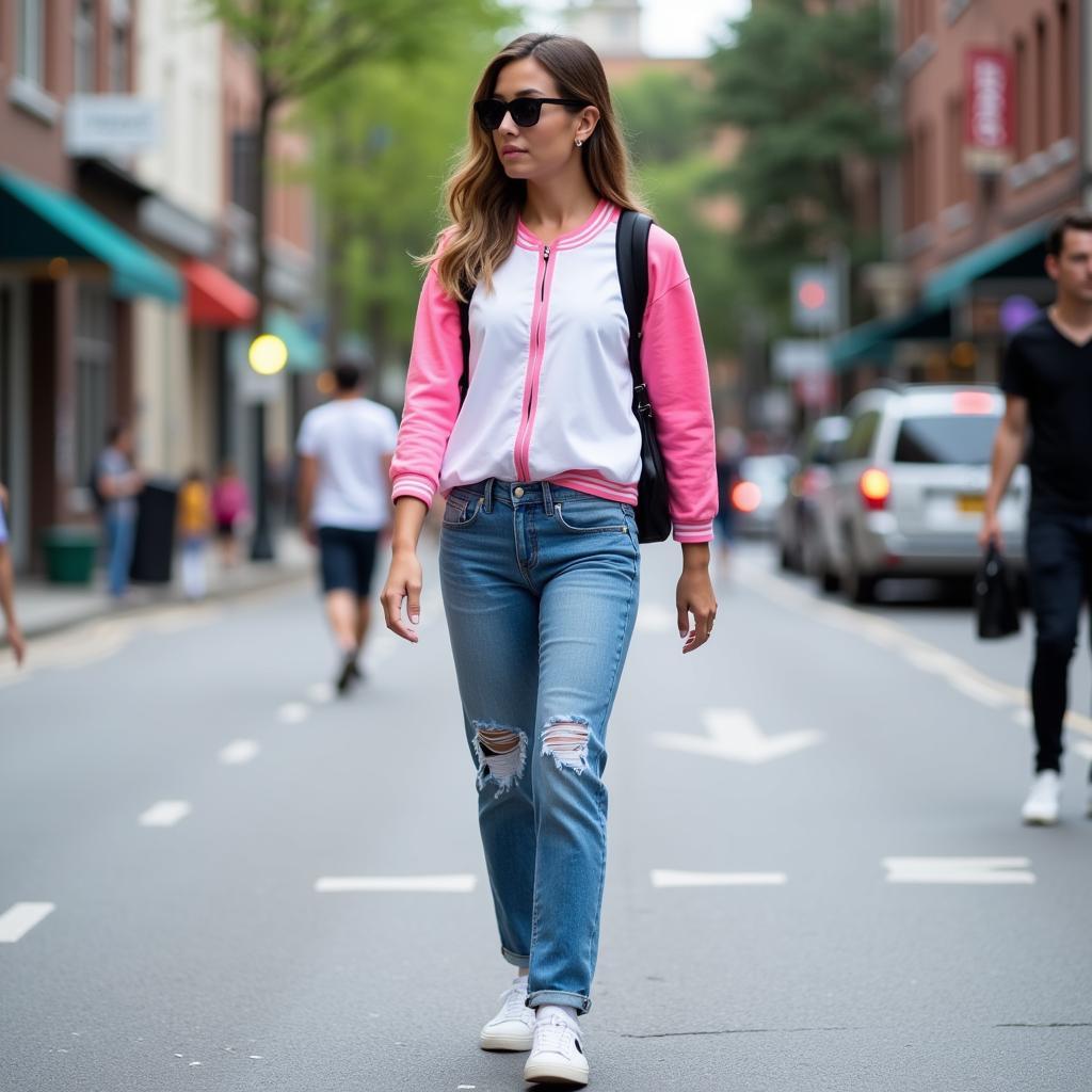 Pink and white baseball jersey street style inspiration