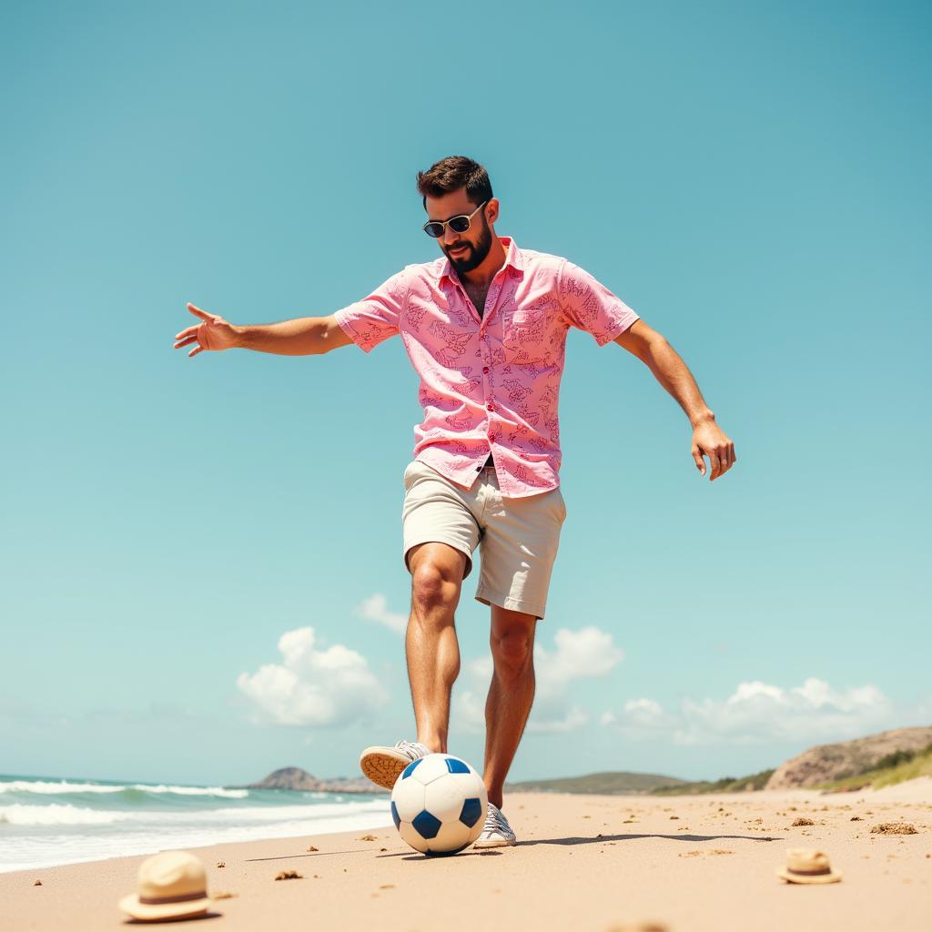 Man wearing a pink Hawaiian shirt playing beach football