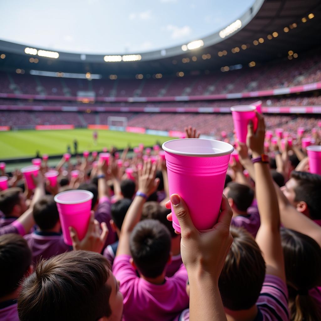 Fans cheering with pink stadium cups