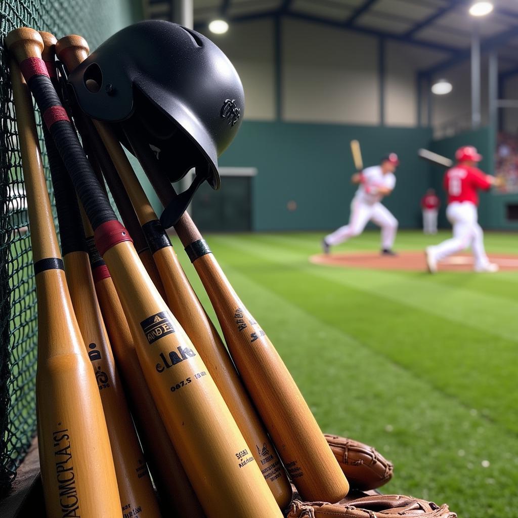 Baseball equipment in a Pittsburgh indoor batting cage