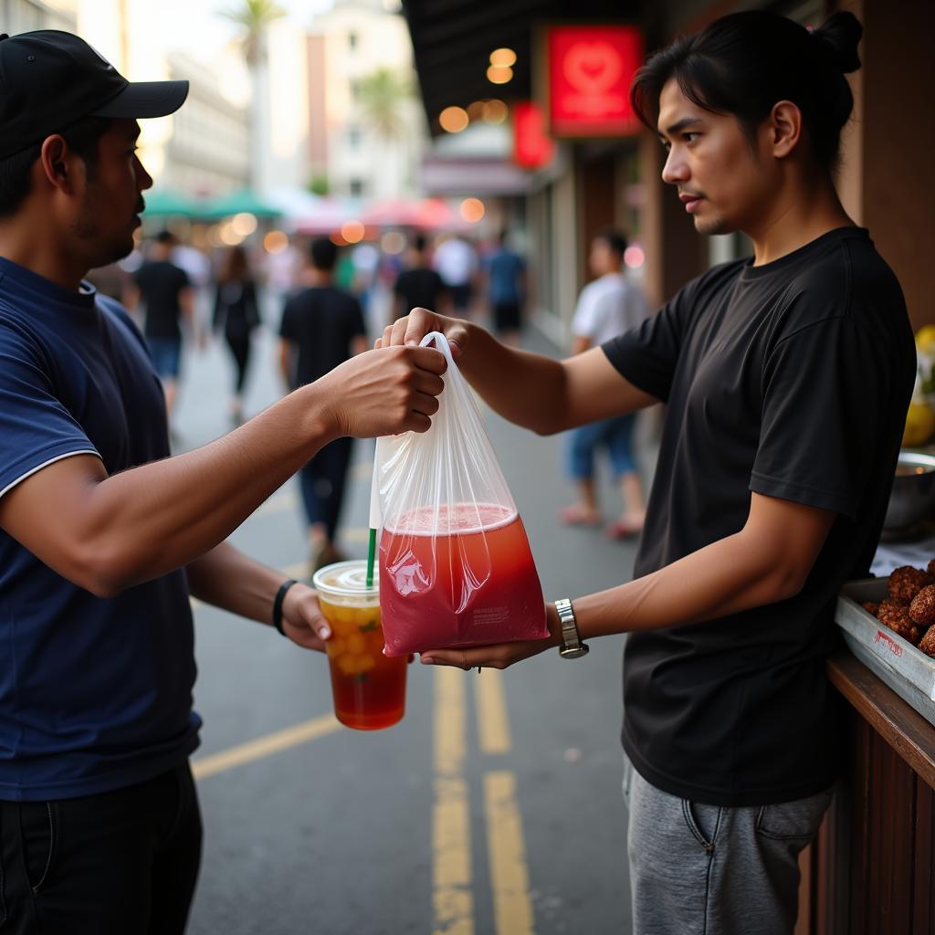 Street vendor selling beverages in plastic bags