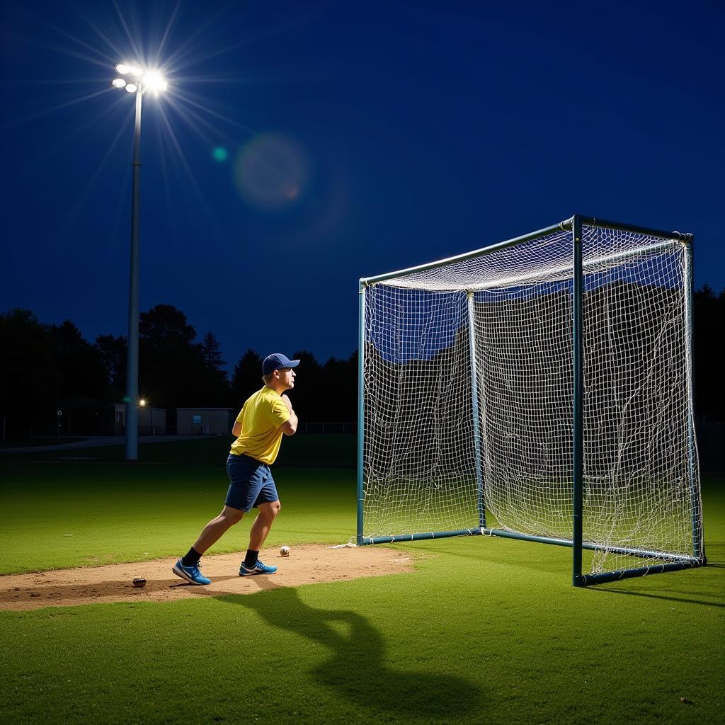 Player Using Batting Net at Night