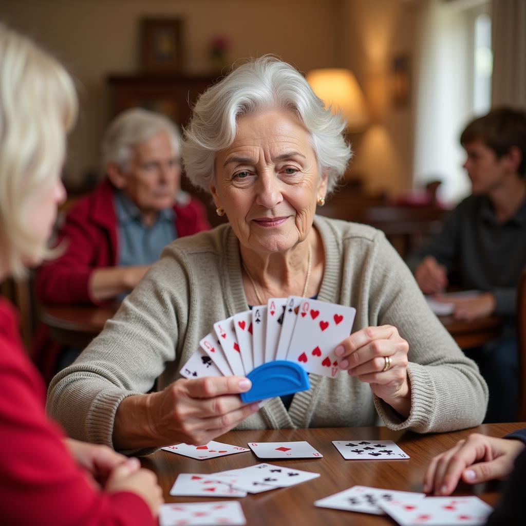 A person with limited hand mobility using a playing card holder to participate in a card game.