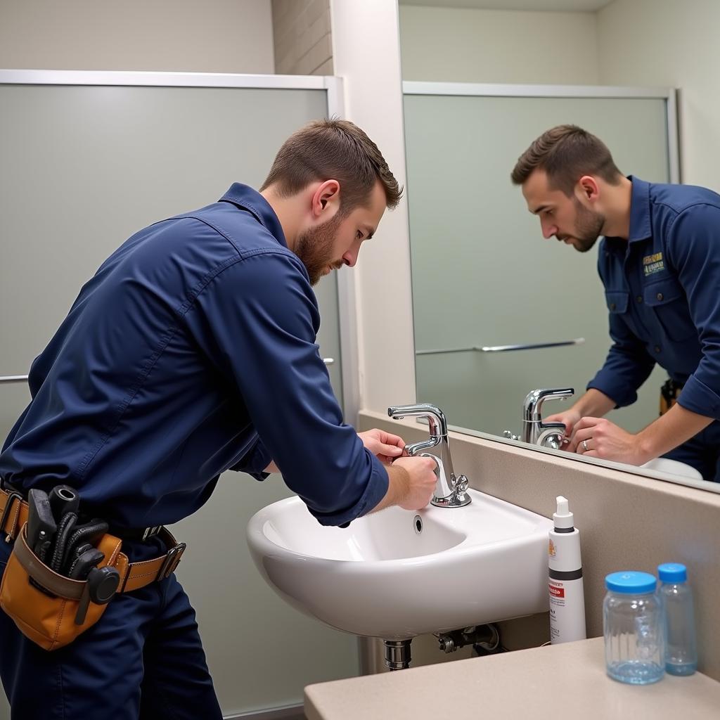 Plumber fixing a sink in a restroom