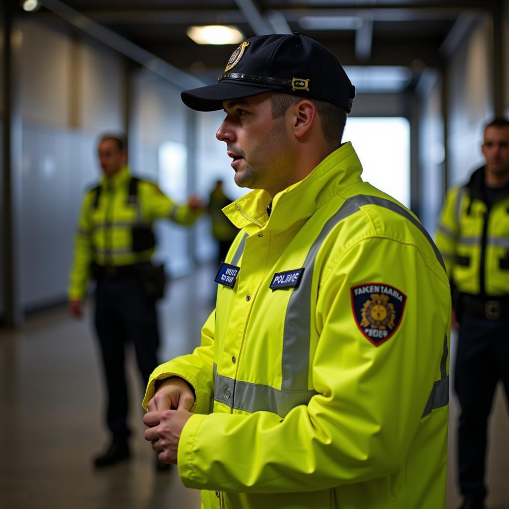 Police officer putting on high-visibility rain gear before patrol