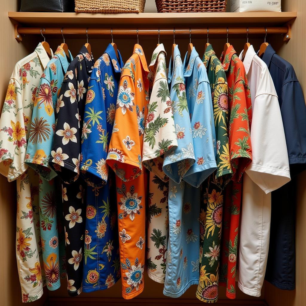 Collection of Polynesian Shirts Hanging in a Closet