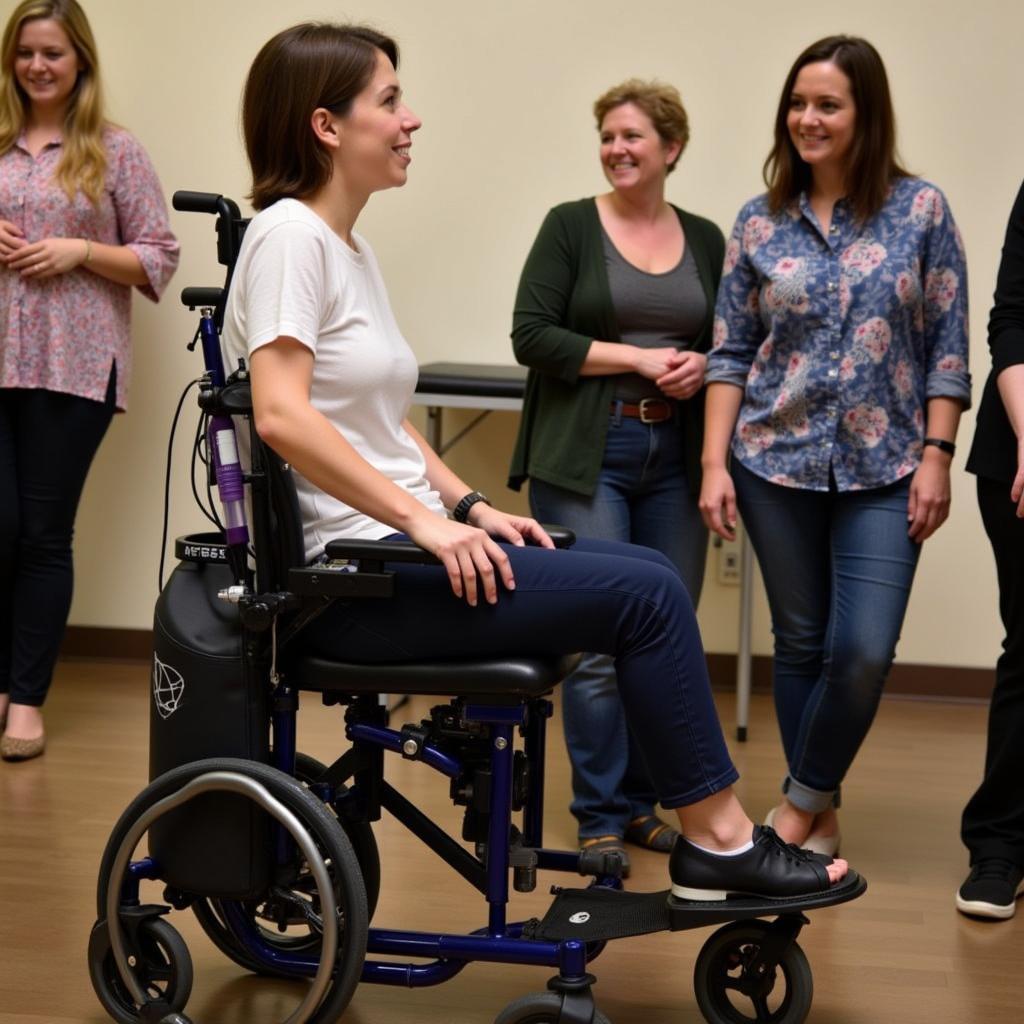 Woman using portable chair assist at a social gathering