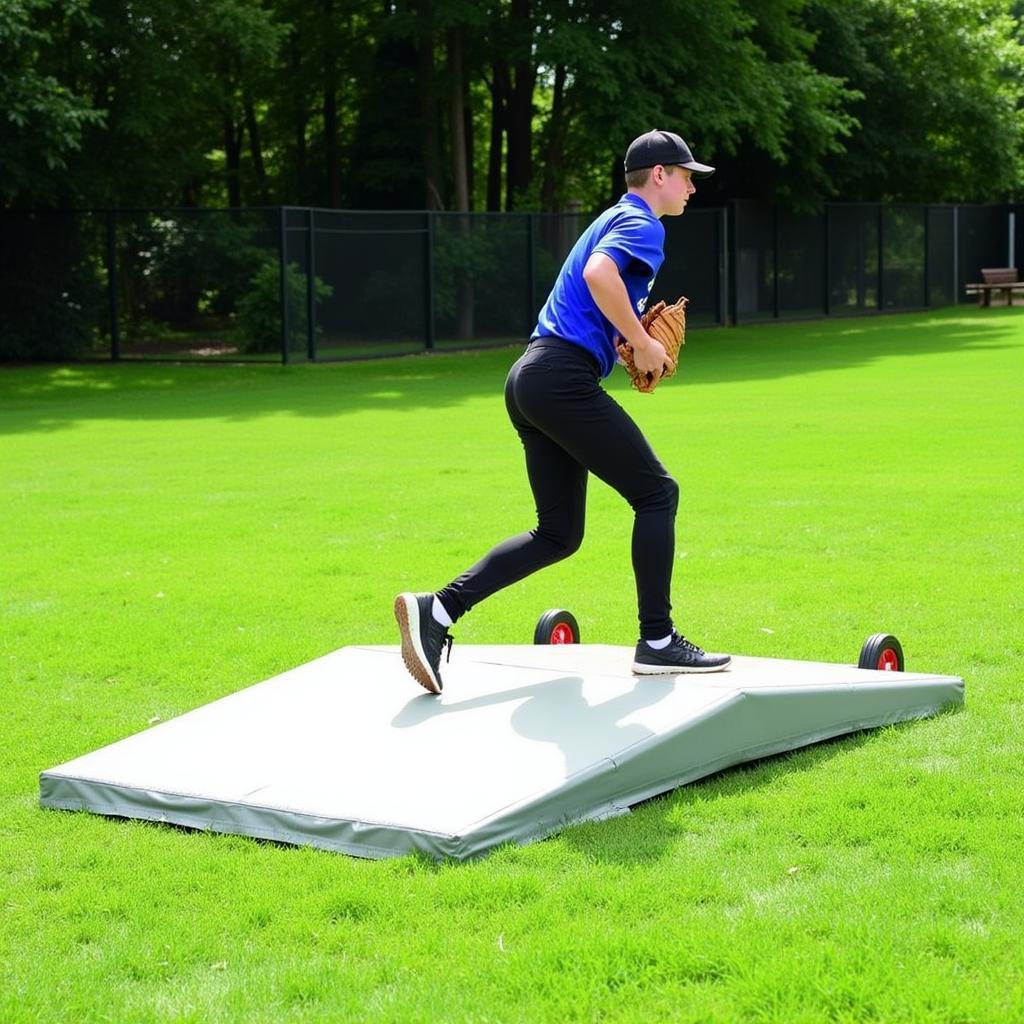 A pitcher using a portable pitching mound with wheels in a backyard setting