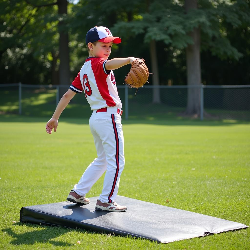 Young pitcher practicing on a portable youth pitching mound