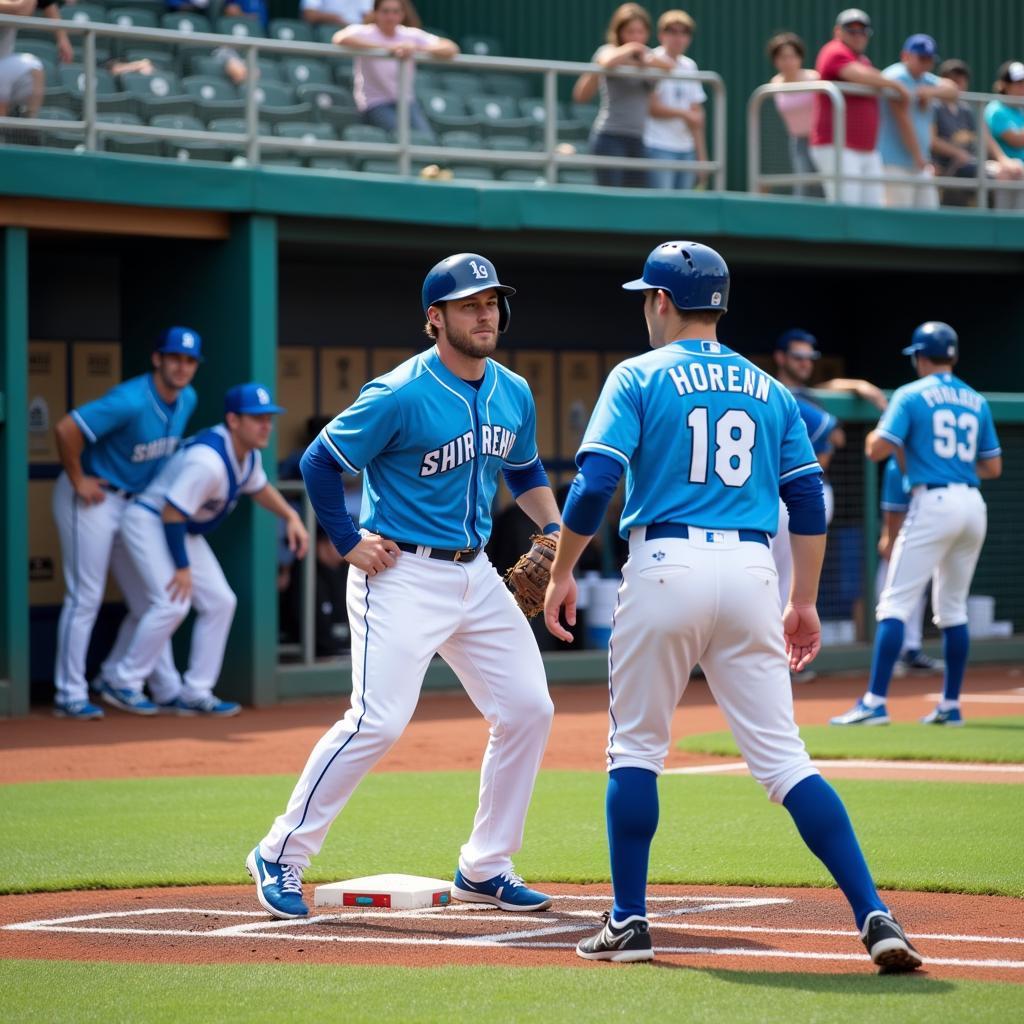 Players wearing powder blue uniforms on the baseball field