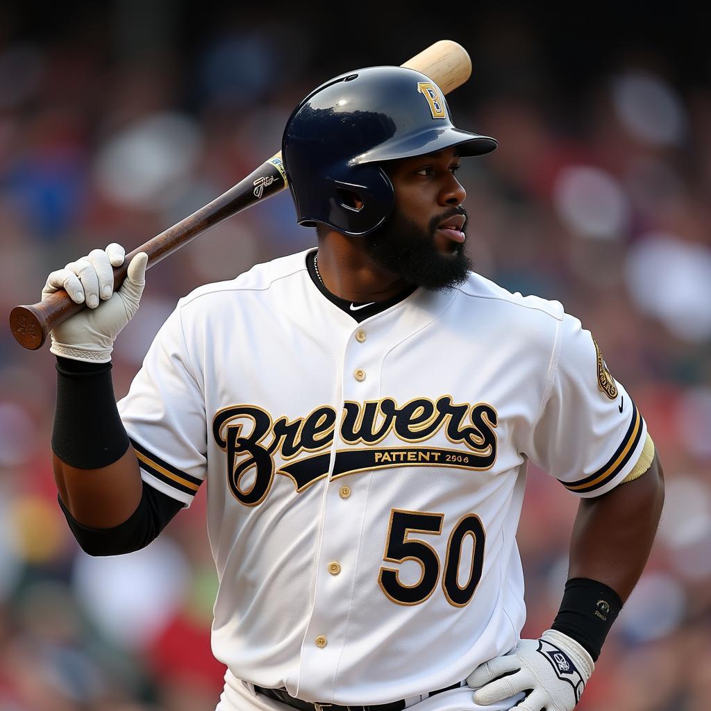 Prince Fielder swinging a bat in his Milwaukee Brewers jersey