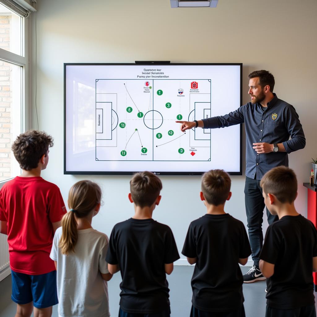 Football coach explaining tactics using a whiteboard