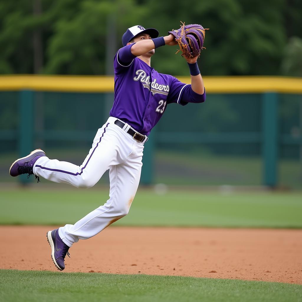 A baseball player wearing a purple glove making a spectacular catch.