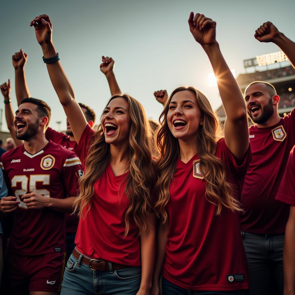 Excited football fans celebrating their team's victory