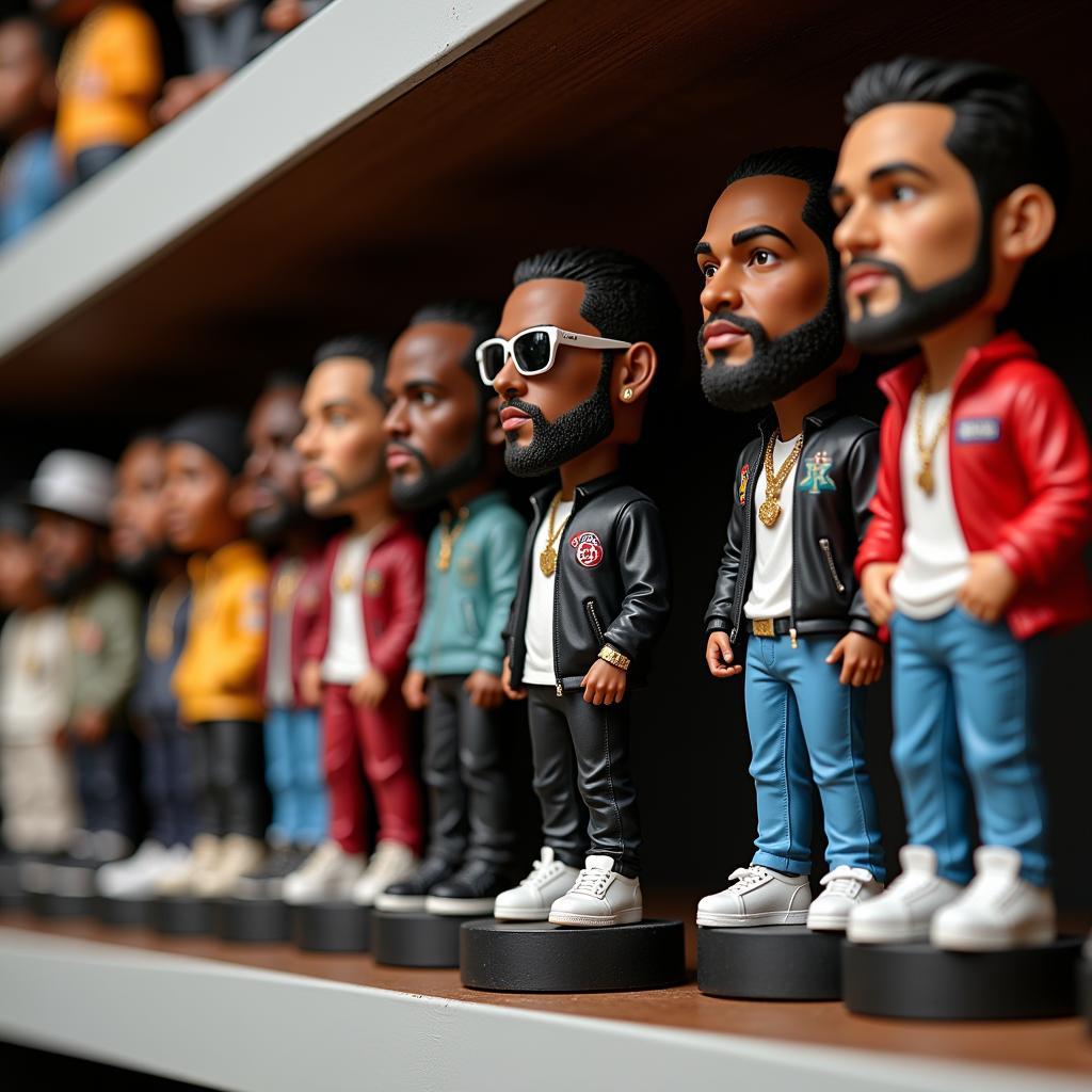 Collection of rapper bobbleheads displayed on a shelf