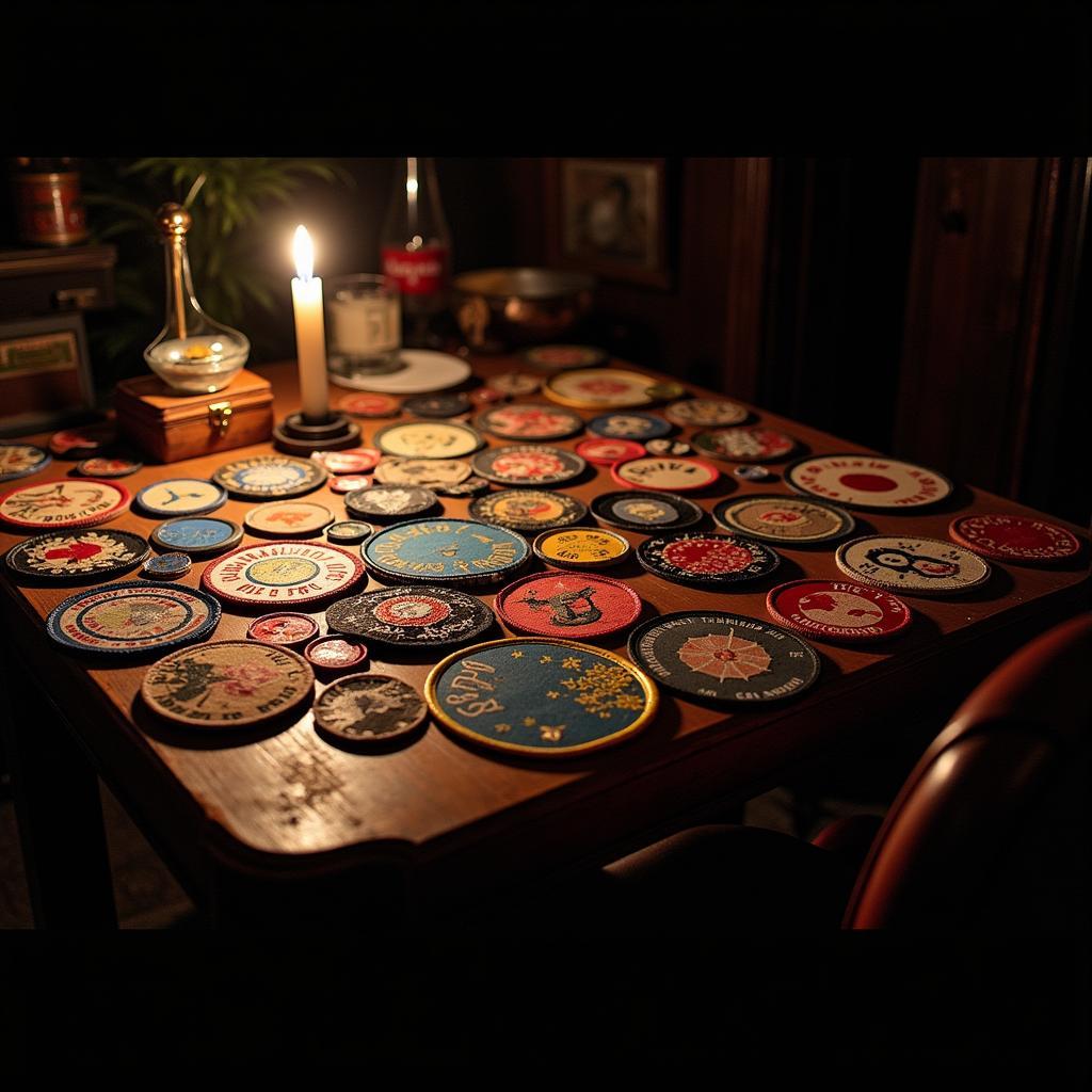 Rare and vintage Melvins patches from past tours and albums displayed on a table.