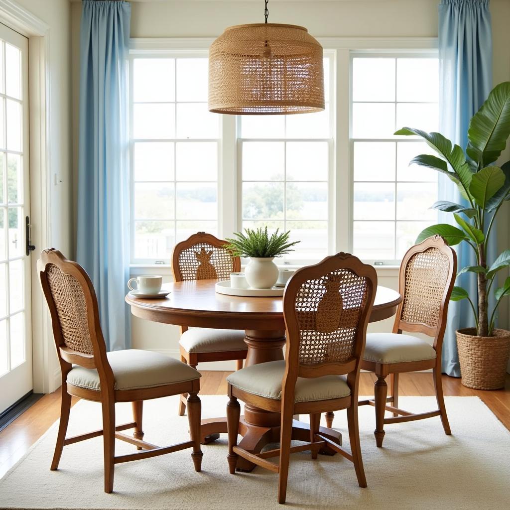 Rattan Pineapple Dining Chairs in a Coastal Dining Room