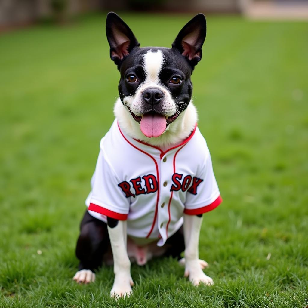 Boston Terrier wearing a Red Sox jersey