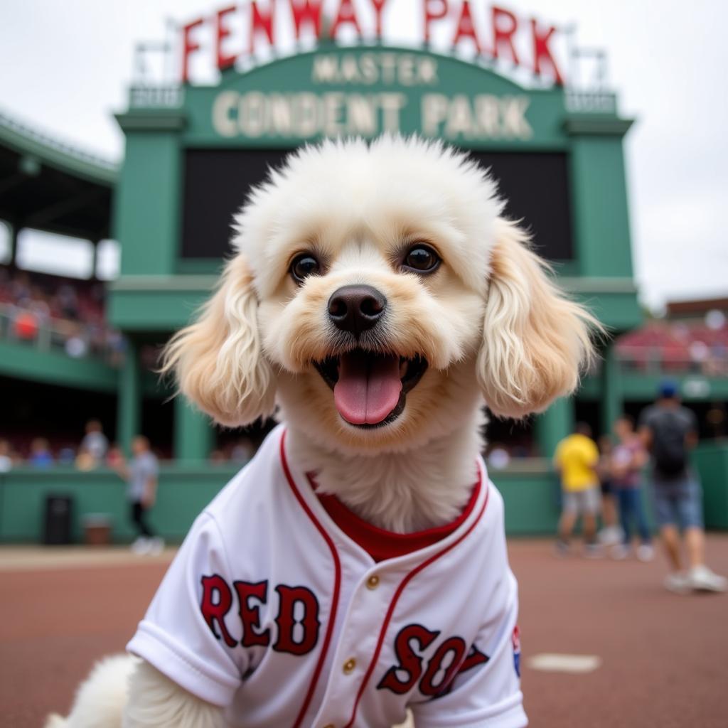 A cute dog wearing a Red Sox shirt at Fenway Park