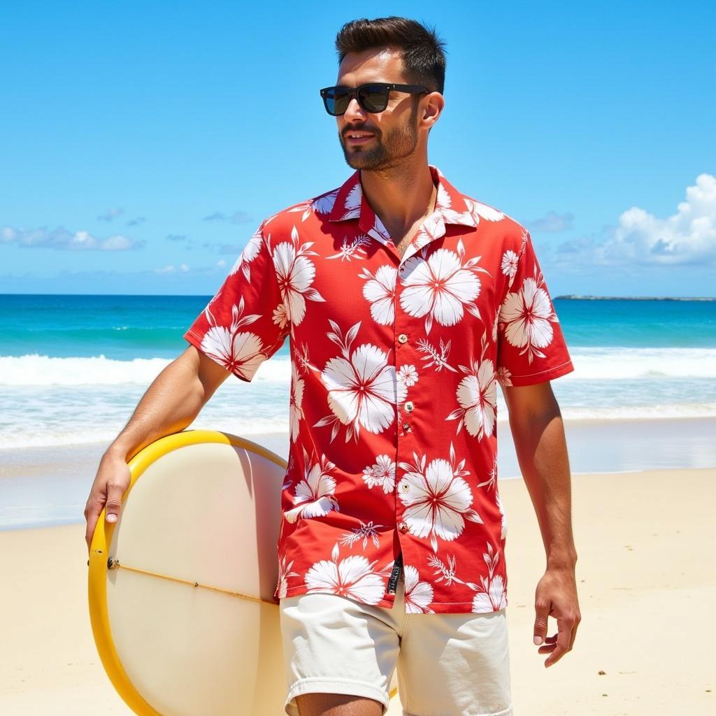 Red and White Hawaiian Shirt on the Beach