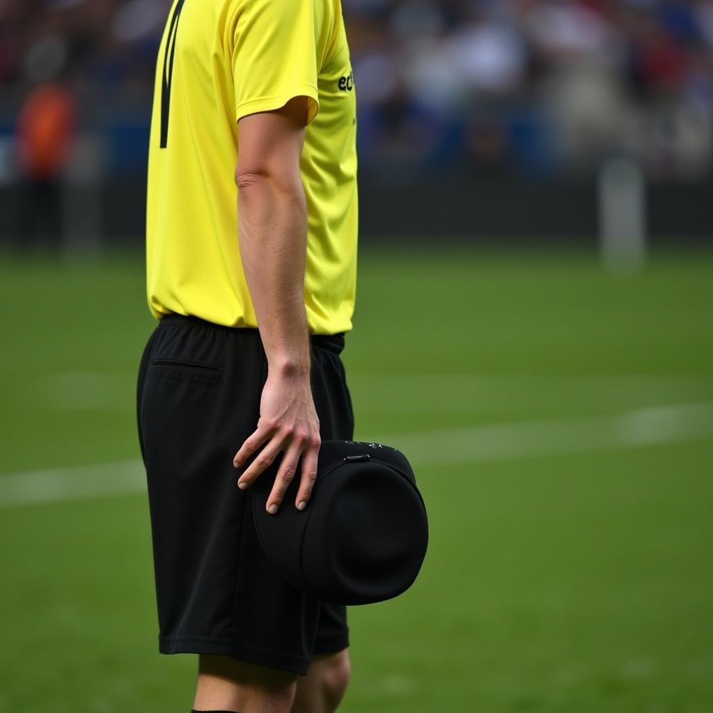 Referee holding a cap, symbolizing authority.