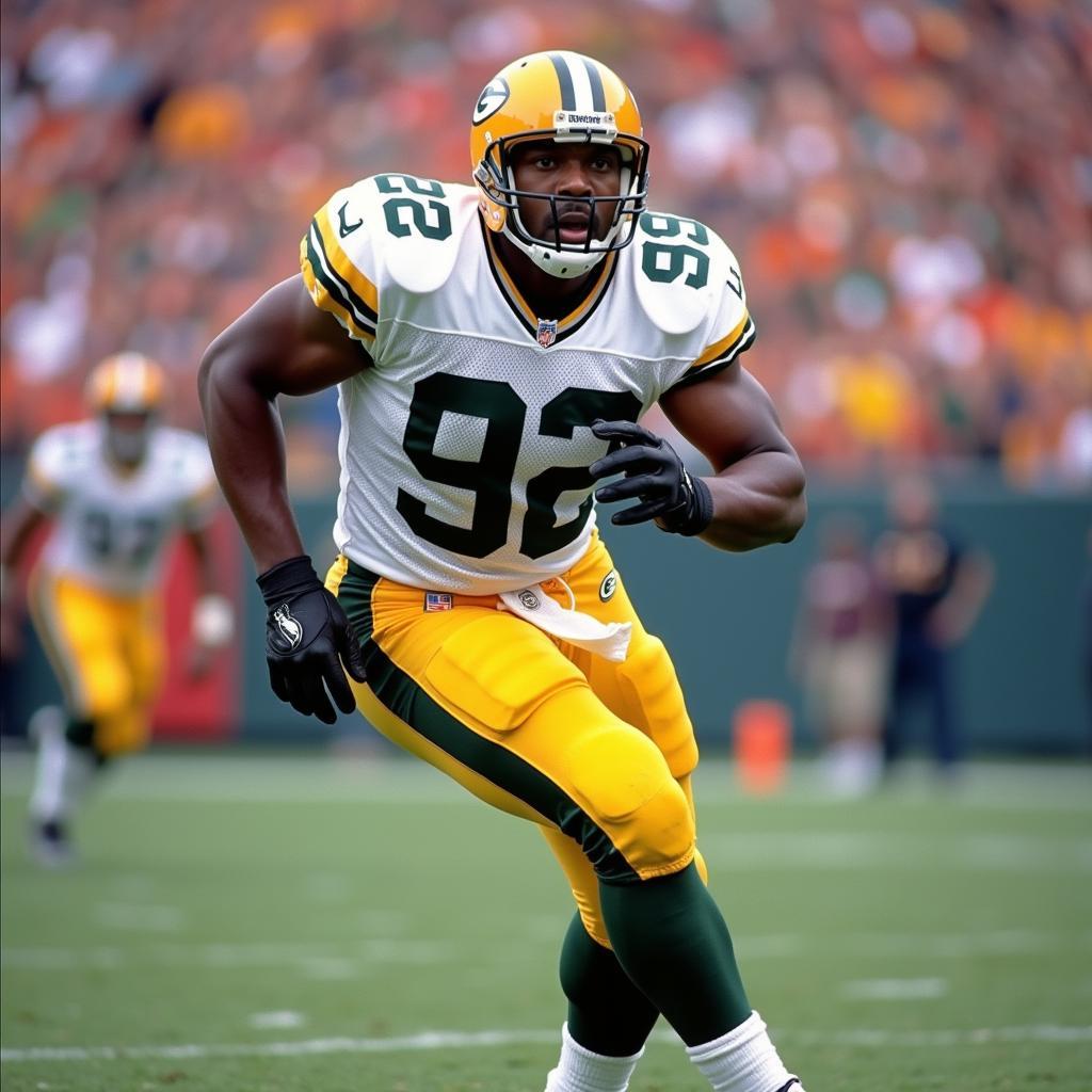 Action shot of Reggie White playing football during his career.