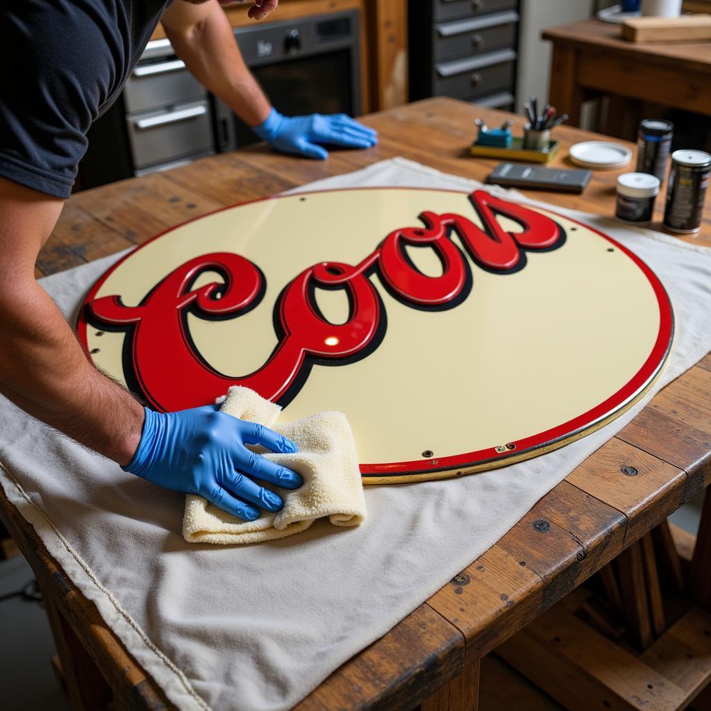 A person carefully restoring a vintage Coors beer sign.