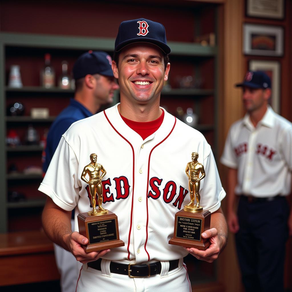 Roger Clemens holding his 1986 Cy Young and MVP awards