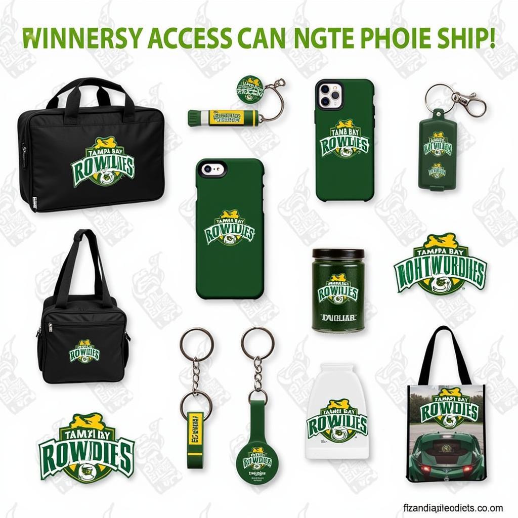 Close-up shot of various Tampa Bay Rowdies accessories, including keychains, phone cases, and stickers.