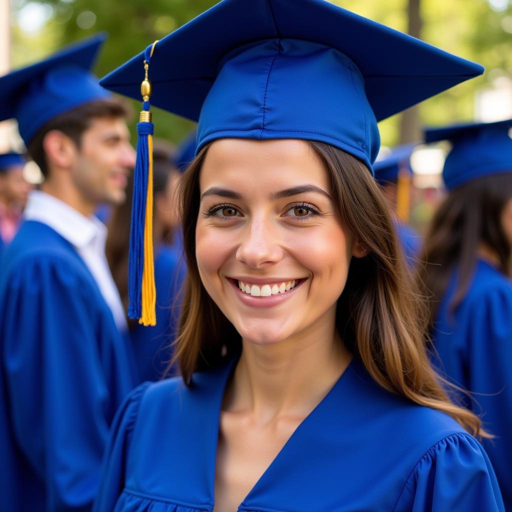 Graduate wearing a royal blue graduation cap