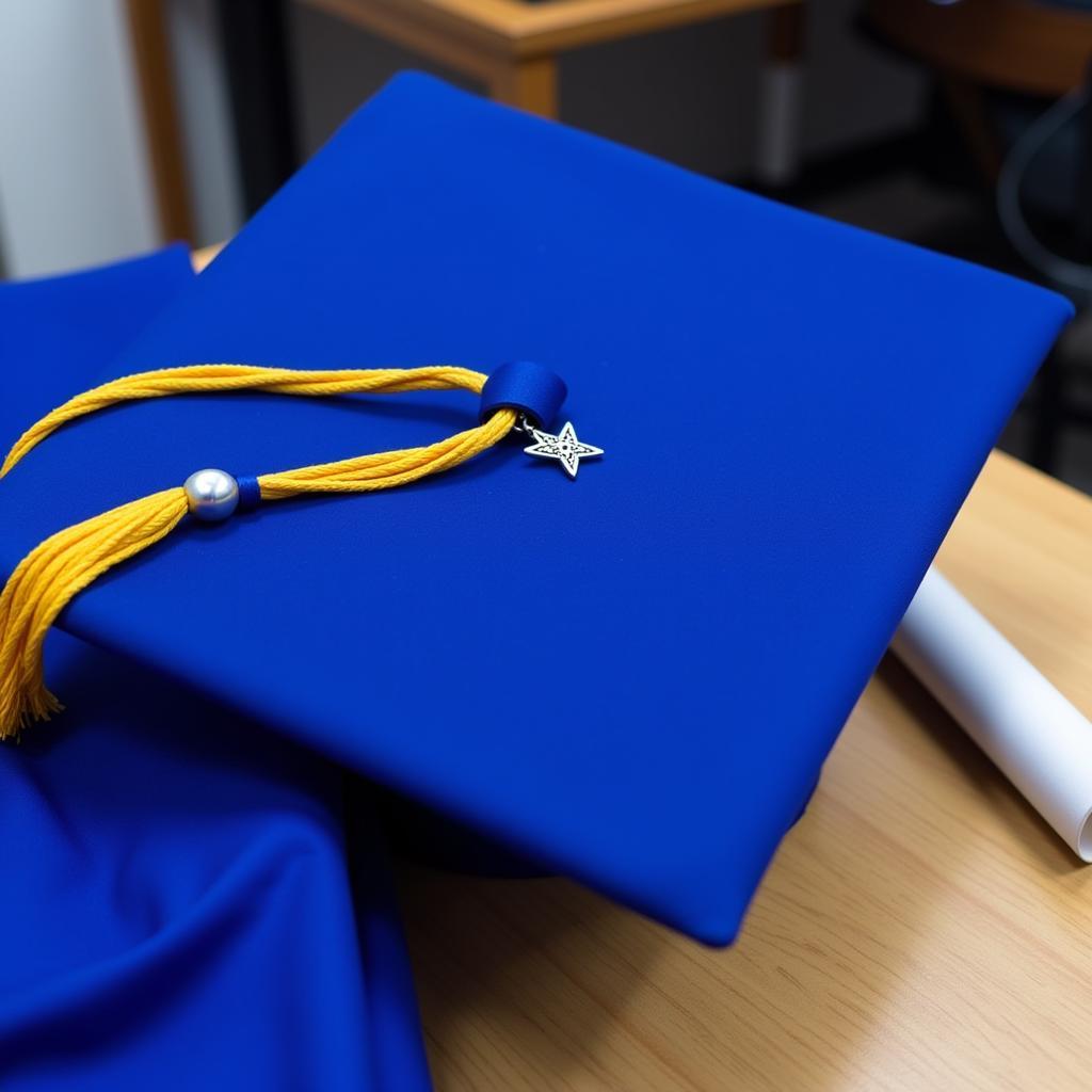 Royal blue graduation cap decorated with tassel and charm