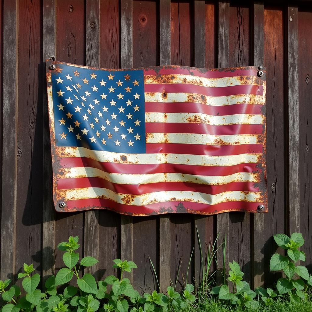 Rustic Metal American Flag Mounted on a Barn Wall